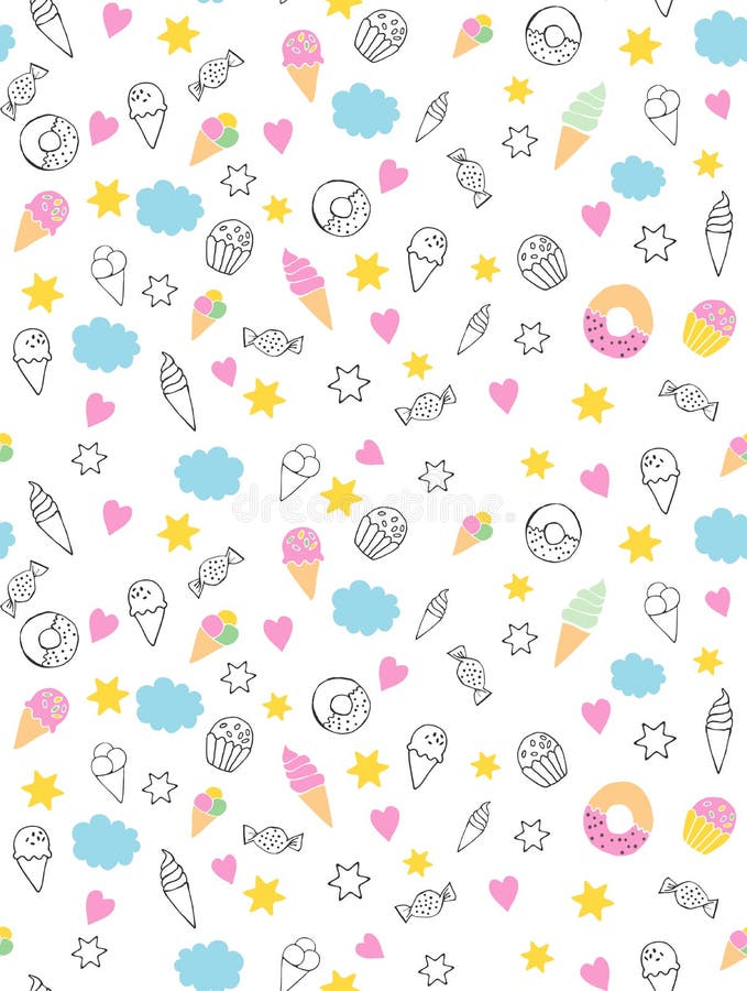 Cute Hand Drawn Sweets Vectorn Pattern. Candies, Ice Creams, Muffins, Donuts. White Background. Pink Hearts and Yellow Stars. Infa