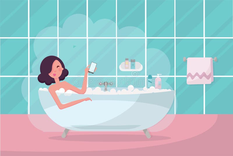 Dark hair girl in bathtub with smartphone in her hand. Bathroom interior with towel and steam. Pretty woman relaxing, taking a bubble bath. Flat cartoon  illustration