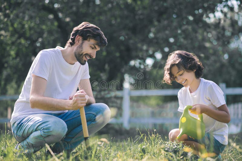 Dark-haired boy watering the plant and smiling, his father watching him stock photos