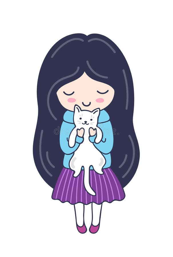 Dark-haired Girl, Holding White Cat. Lovely Cartoon Character Stock Vector - Illustration of contour, baby: 180913926 Dark-haired Girl, Holding White Cat. Lovely Cartoon Character Stock Vector - Illustration of contour, baby: 180913926