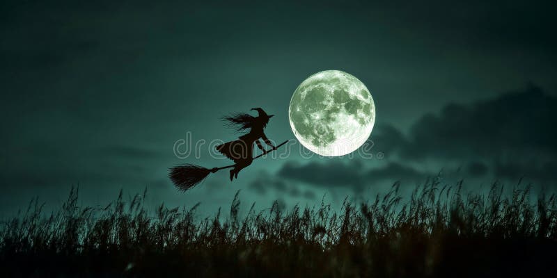 A dark Halloween moonlit scene with a silhouette of a witch flying on a broomstick past the full stock images