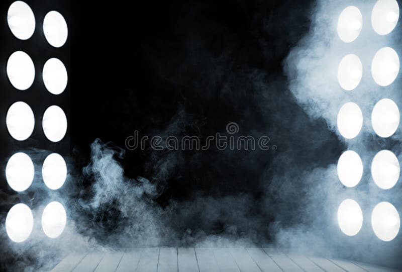 Dark interior, wooden stage between two powerful light columns stock photography Dark interior, wooden stage between two powerful light columns stock photography