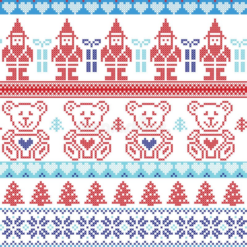 Dark and light blue , red Scandinavian inspired Nordic xmas seamless pattern with elf, stars, teddy bears, snow,christmas trees, royalty free illustration Dark and light blue , red Scandinavian inspired Nordic xmas seamless pattern with elf, stars, teddy bears, snow,christmas trees, royalty free illustration