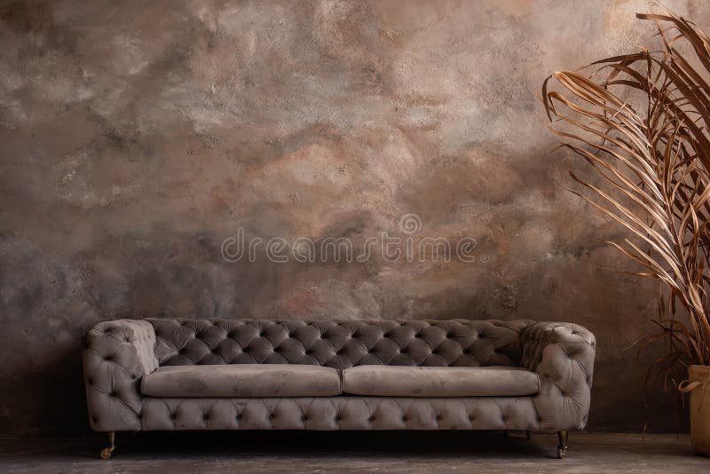 Dark Loft Interior with Trendy, Stylish Gray Sofa, Dry Grass by the Window.  Concrete Background Stock Photo - Image of contrast, house: 230690938