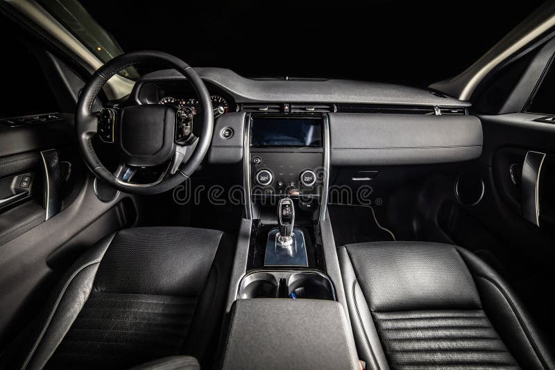 Dark Luxury Car Interior. Front Seats Of Premium Suv Leather Panels
