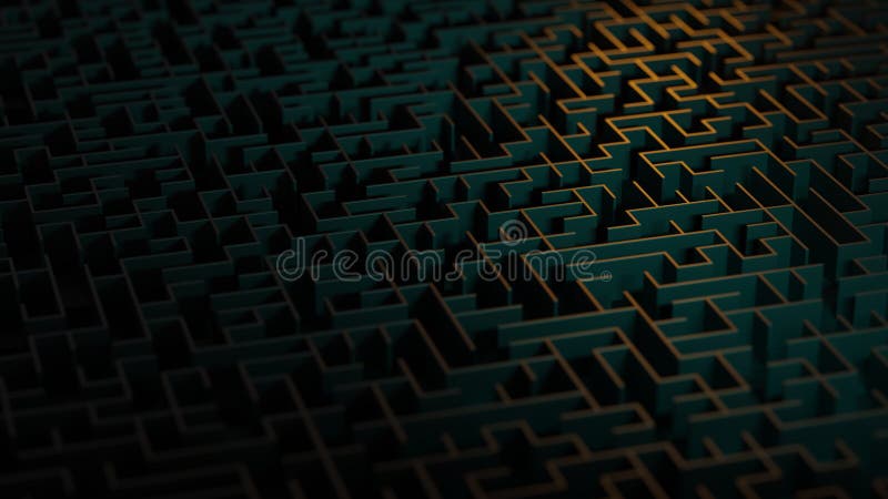 Dark maze pattern in orange and green. Elevated view. Abstract, digital 3D rendering