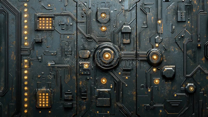 Dark Metal Circuit Panel Texture for Sci-Fi Game Design. AI generated