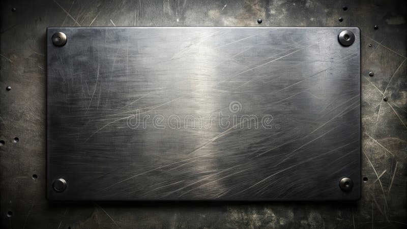 Dark metal rectangular plate with scratches and rivets on a weathered surface. Generative AI vector illustration