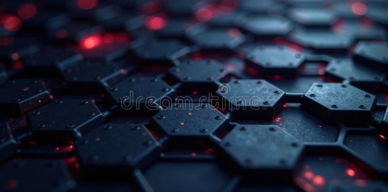 Dark metallic hexagon grid with soft ambient glow, emphasizing the structure s intricate details, metallic textures, hexagonal vector illustration