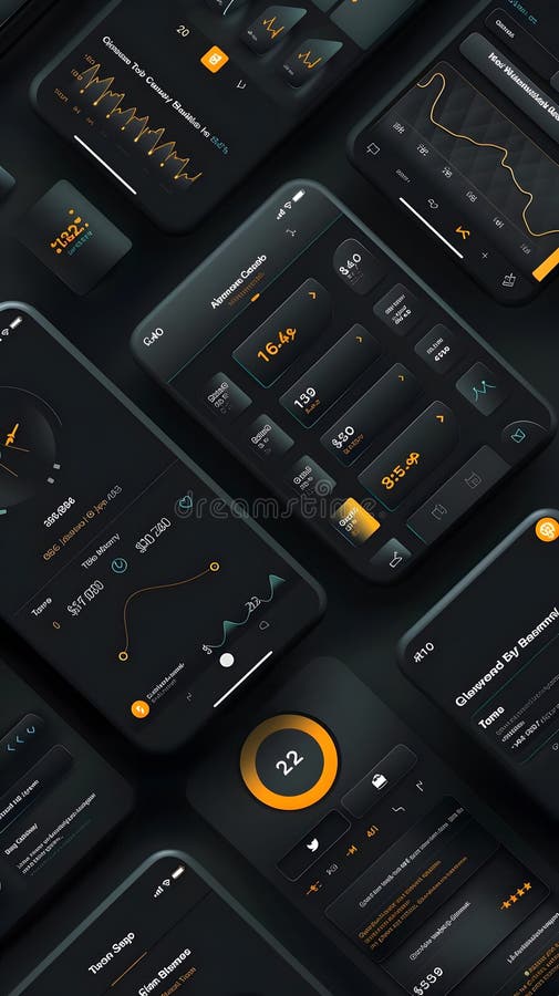 Dark Mode Mobile App Interface, User Experience Design with Interactive Charts, Data Visualization, and Financial T stock illustration