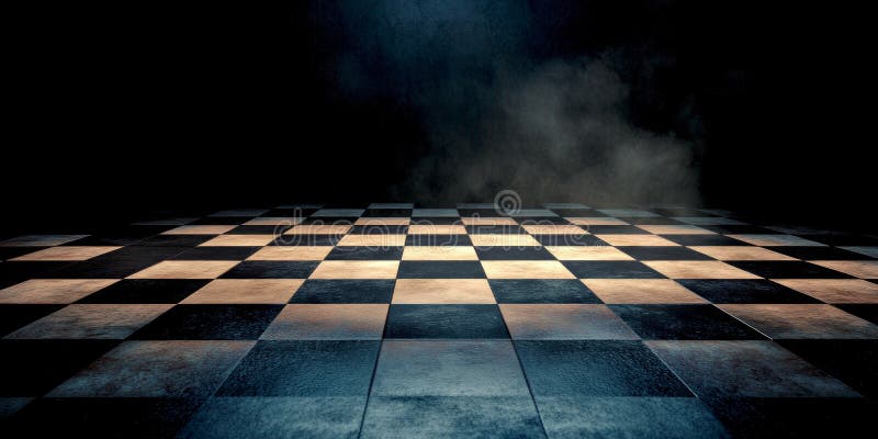 A dark and moody chessboard scene invites contemplation. The floor features a stark black and white pattern, creating a royalty free stock photos