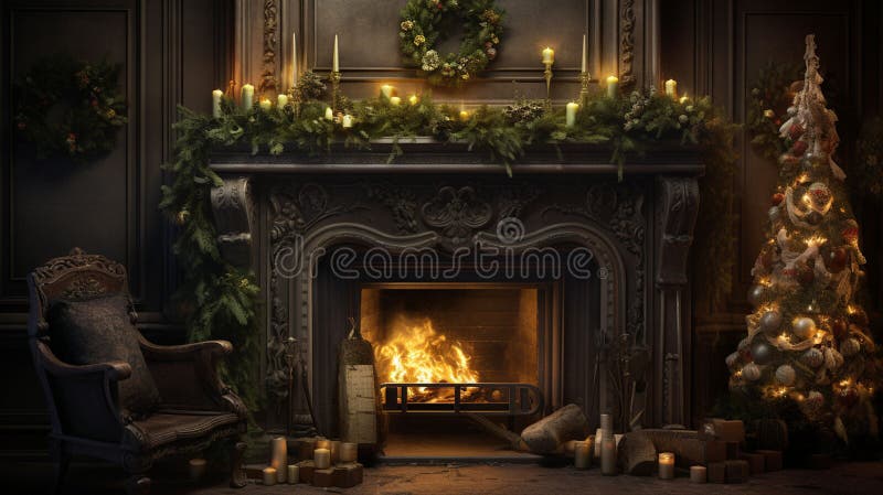 Dark and Moody Living Room with Decorated Fireplace Stock Illustration ...