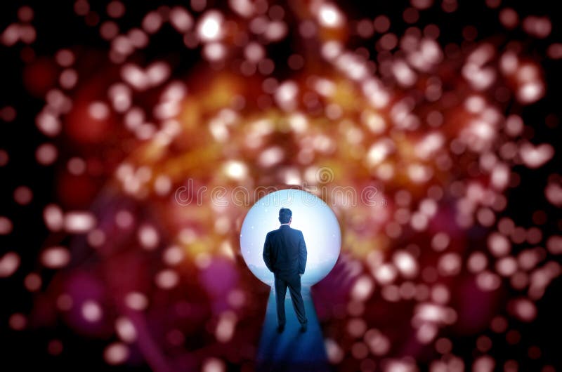 Businessman standing at keyhole watching future with abstracts lights background with bokeh. Businessman standing at keyhole watching future with abstracts lights background with bokeh