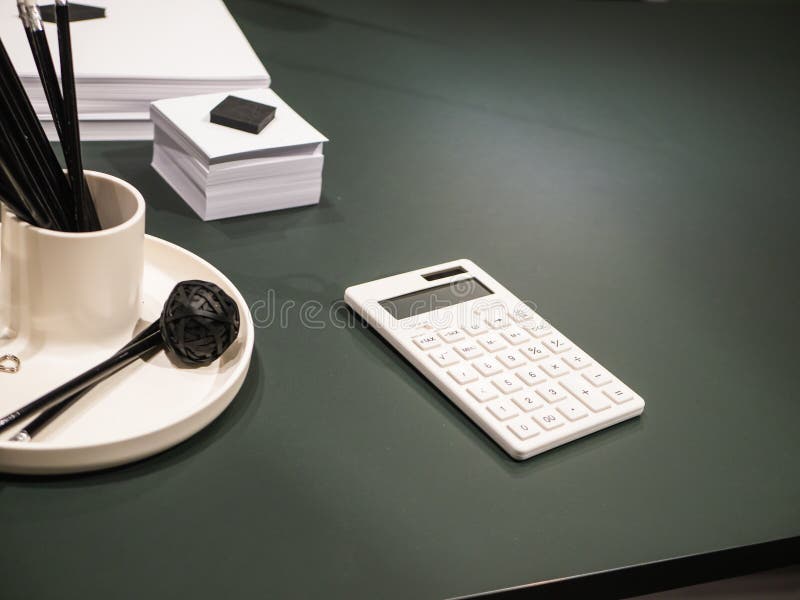 Dark Office Desk with White Supplies Stock Photo Image of design