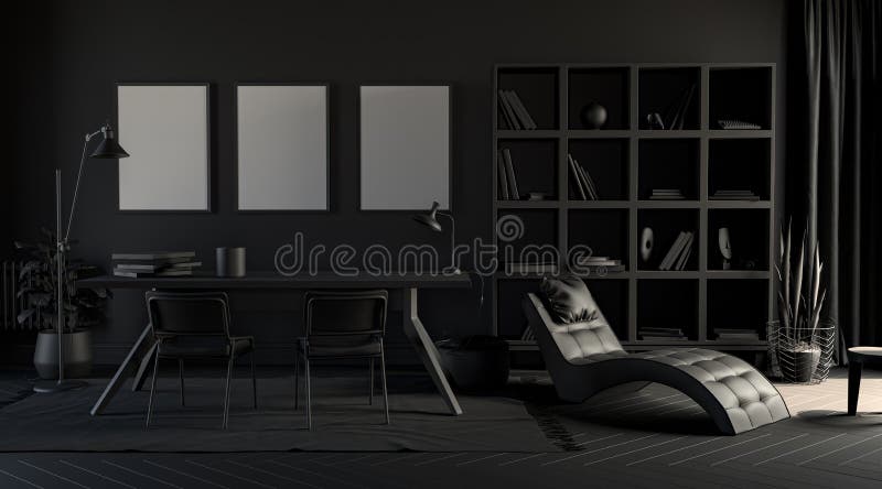 Dark Office In Plain Monochrome Black Color With Working Table