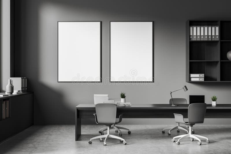 Dark Office Room Interior with Two Empty White Posters Stock