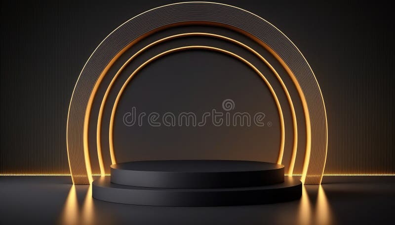 Dark pedestal podium stand with light glowing rings for your product display.