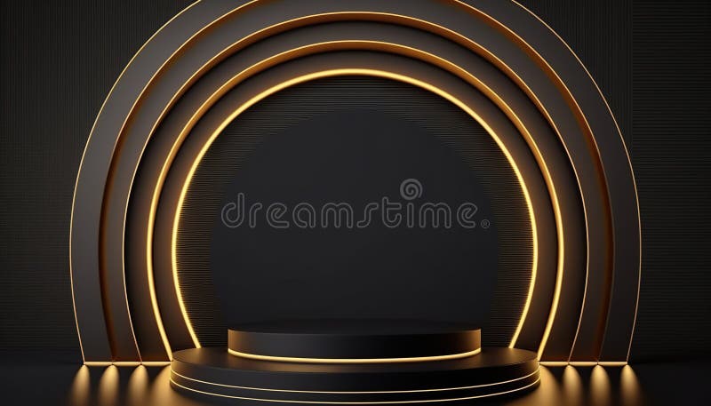 Dark pedestal podium stand with light glowing rings for your product display.