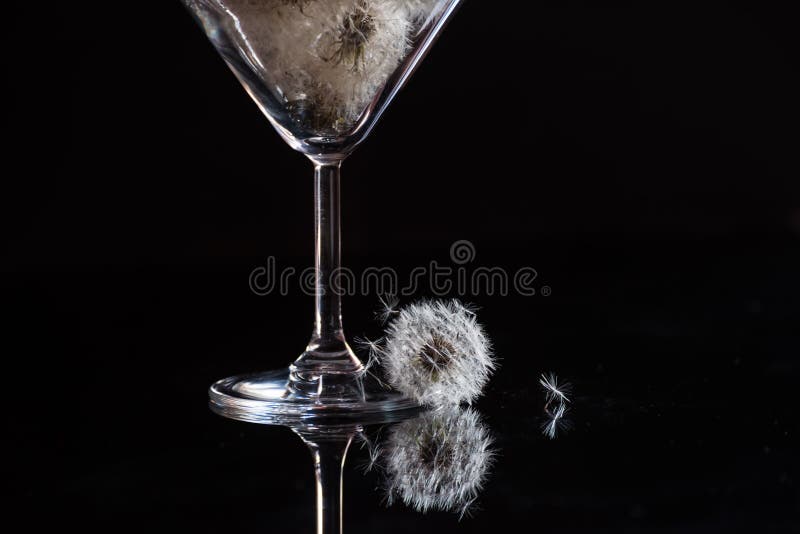 Dark photo with white fluffy dandelions on black. Graceful leg of a glass and fluff. Dark photo with white fluffy dandelions on black. Graceful leg of a glass and fluff.