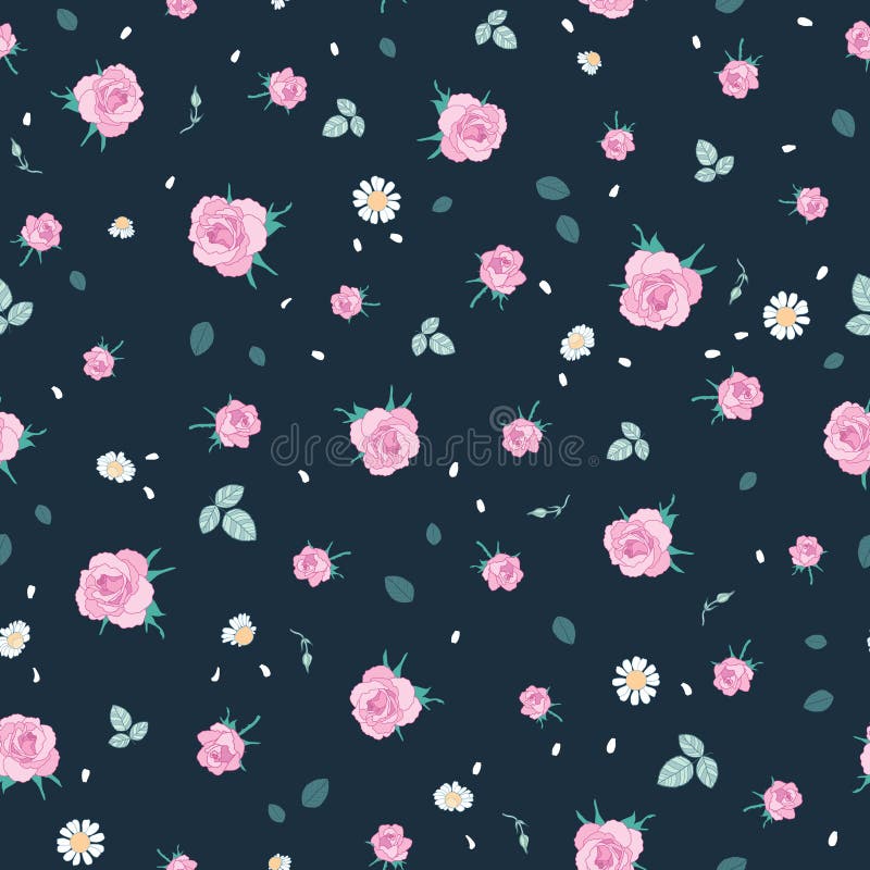 Dark pink roses ditsy vintage seamless pattern. Great for retro summer fabric, scrapbooking, giftwrap, and wallpaper design projects. Surface pattern design.