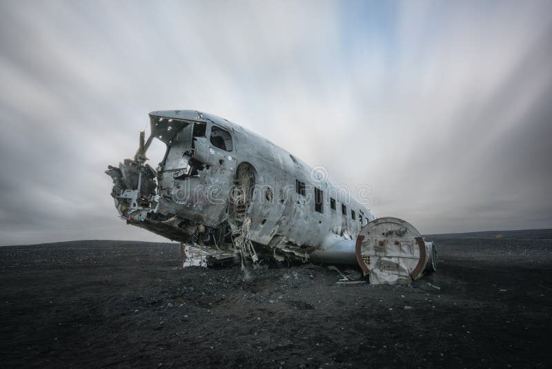 Long exposure of clouds passing over the DC-3 Plane Crash in Iceland stock image