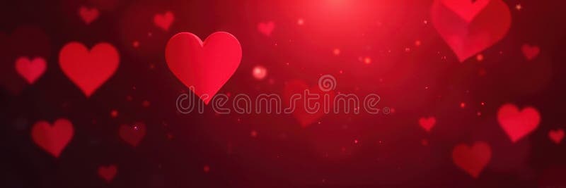 Dark red background, large small hearts, bokeh , shadow, glow stock illustration