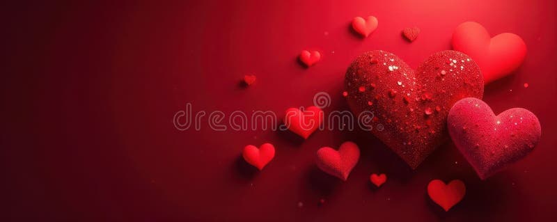 Dark red background, large small hearts overlay, subtle glitter, overlay, glitter stock illustration