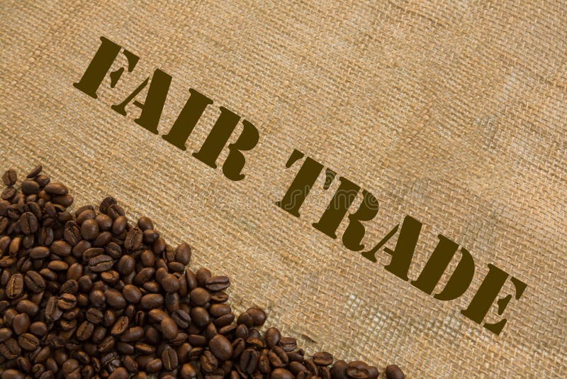 Dark Roasted Fair Trade Coffee Beans with Text Fair Trade Stock Photo