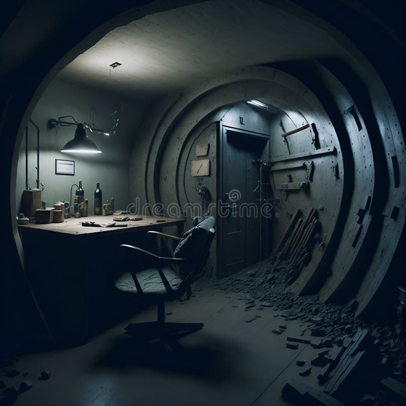 A dark room with a desk and a chair vector illustration