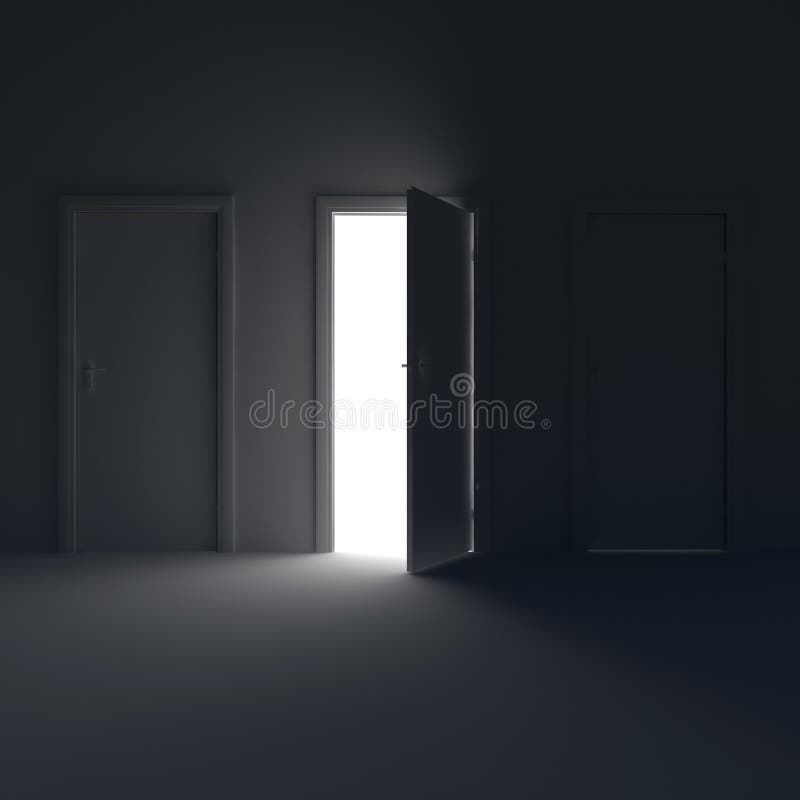 Dark Room with the Door Open and the Light Behind Her. 3d Illustration