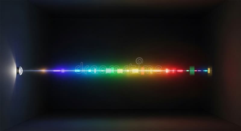 A dark room features a visible spectrum of light projected horizontally across the vector illustration