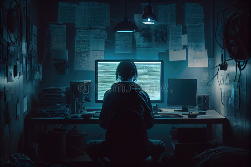Dark Room, Filled with Glow of Computer Screen and Hacker Hard at Work