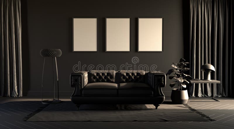 Dark room in plain monochrome gray tones with sofa,chair,plants  and floor lamp on a carpet. Black background. 3D rendering