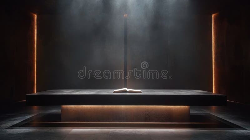 The image depicts a minimalist room with a large, rectangular table as the central focus. The table is illuminated by a warm, orange light that casts a glow on its surface. An open book rests on the table, its pages illuminated by the light. The room is devoid of any other objects, creating a sense of solitude and tranquility. The walls are a dark color, possibly black or dark brown, and the floor is a light gray or beige. The room is illuminated by a single light source, which is positioned centrally above the table, casting a dramatic shadow on the wall behind it. Large rectangular light source stock images, royalty-free photos and pictures