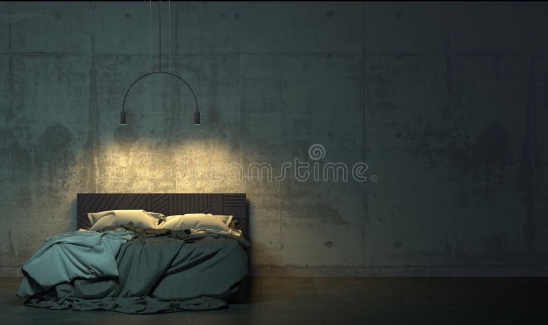 Dark room in the twilight with empty bed standing on the floor  in front of the concrete wall. Gloomy interior in loft style with