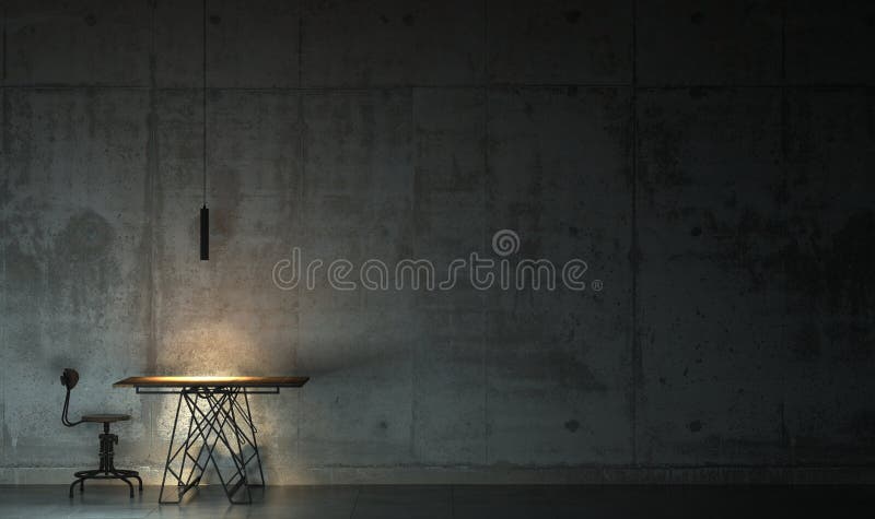 Dark room in the twilight with one table and one chair. Gloomy interior in loft style with copy space. 3D rendering.