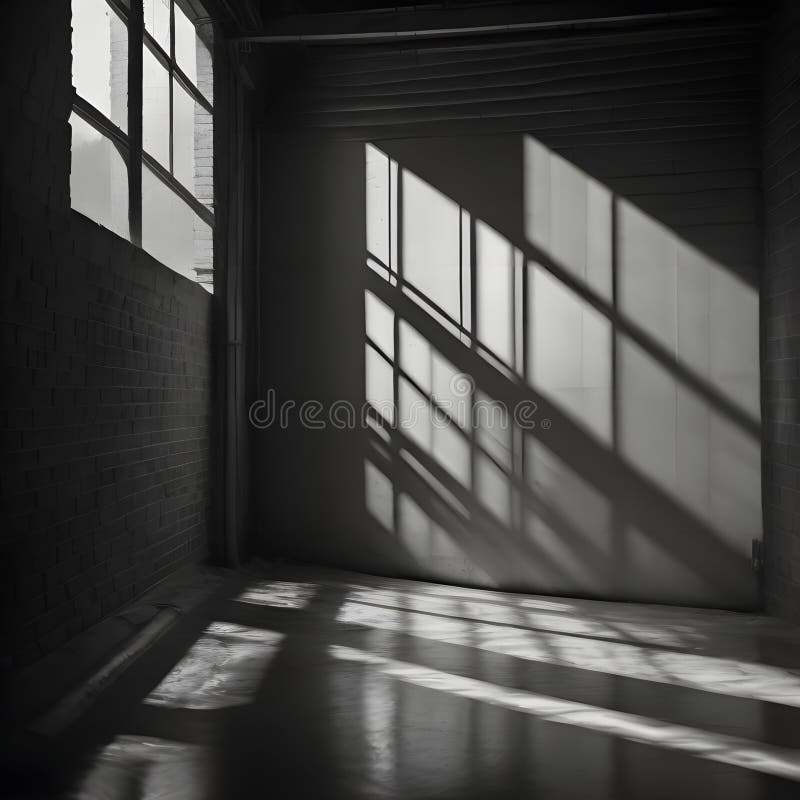 A Dark Room with Windows and Shadows on the Wall. Generative Ai Stock