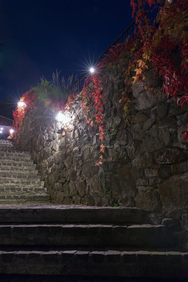 Dark scene with night medieval stairs and street lights