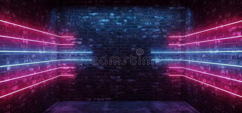 Dark Sci Fi Modern Futuristic Empty Grunge Brick Wall Room Purple Blue Pink glowing Lights Concrete Floor Neon Horizontal Line vector illustration