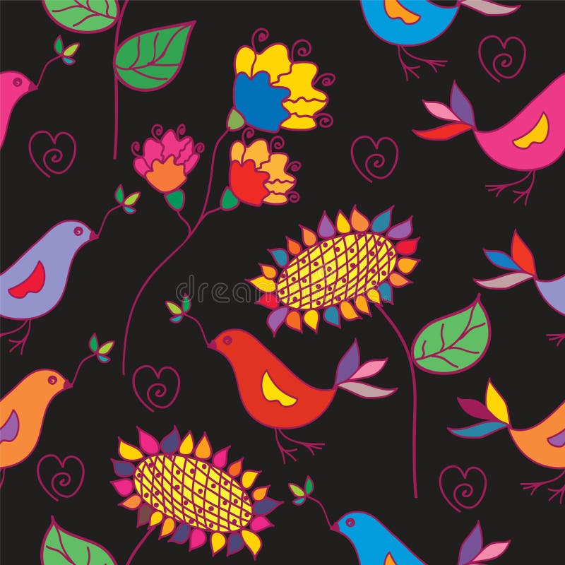 Dark seamless floral pattern with traditional bird