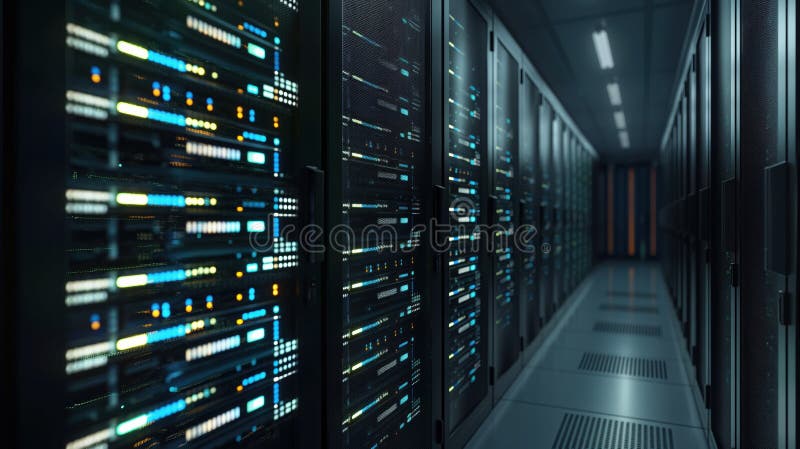 Dark servers in modern interior data center with connection, cyber network. Close-up of computer rack storage information vector illustration