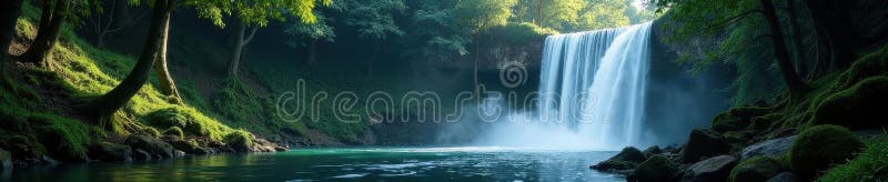 Dark, shaded forest, powerful waterfall plunges into pool , green, cascade, rocks vector illustration