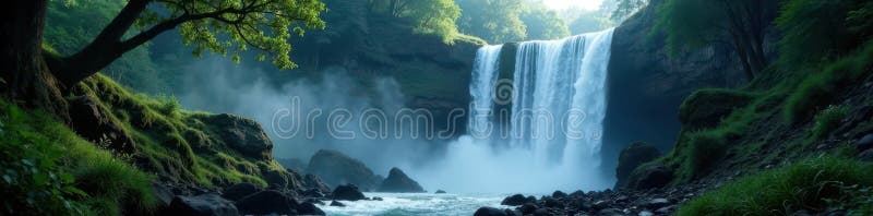 Dark, shadowy forest; powerful waterfall plunges down , wild, depth vector illustration
