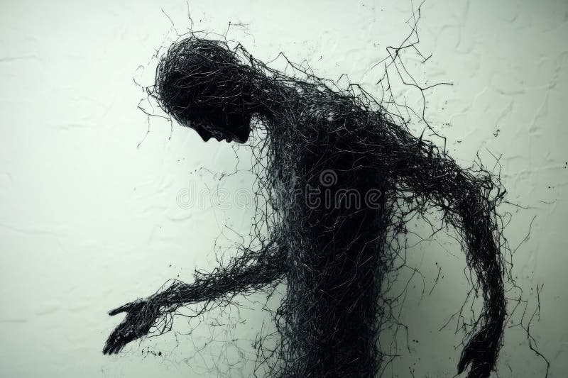 Dark silhouette figure entangled in chaotic threads, evoking mystery royalty free stock photos