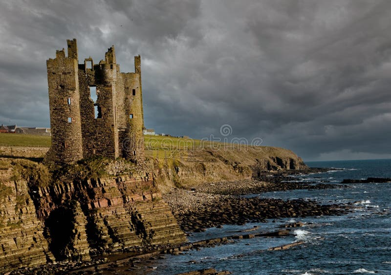 Dark Skies over the ruins o Keiss Castle, Caithness Scotland, UK