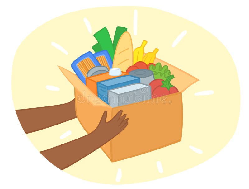 Dark-skinned hands giving box. Food donation box vector with different food in it. vector illustration Dark-skinned hands giving box. Food donation box vector with different food in it. vector illustration