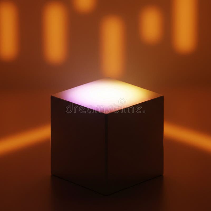 A dark, solid cube with a glowing top surface emits soft purple and orange light. The stock illustration