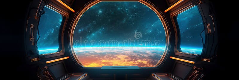 Dark spaceship interior with glowing blue and red lights. Futuristic spacecraft with large window view on planets in