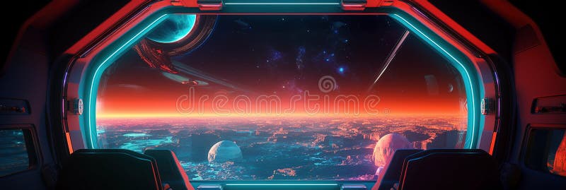 Dark spaceship interior with glowing blue and red lights. Futuristic spacecraft with large window view on planets in