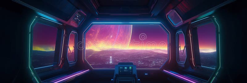 Dark spaceship interior with glowing blue and red lights. Futuristic spacecraft with large window view on planets in